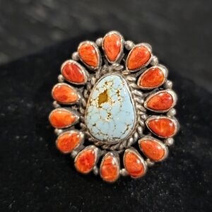 ​Navajo Tonya June Rafael Turquoise & Spiny Oyster Sterling Silver Ring